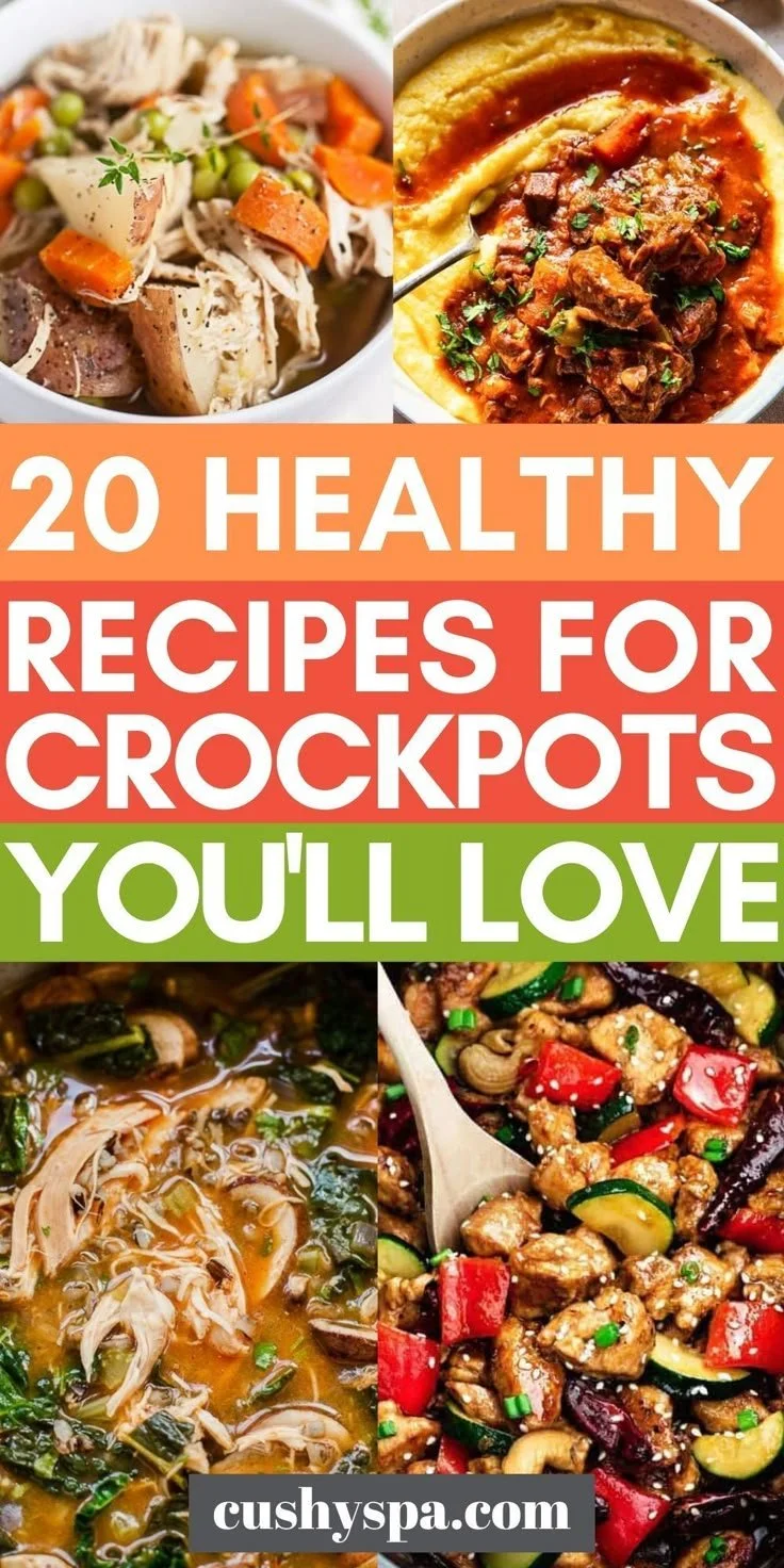 A variety of healthy crockpot meals featuring vegetables and lean proteins