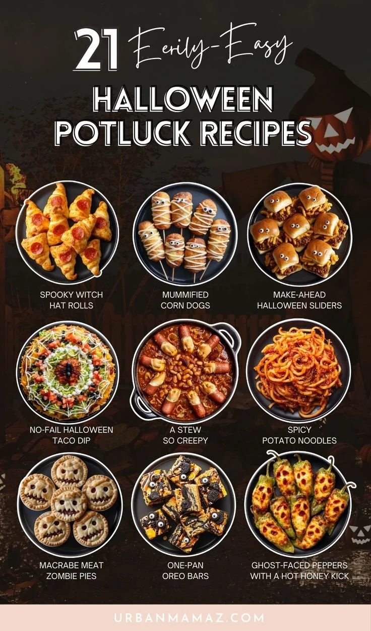 A table filled with Halloween potluck recipes for a festive party