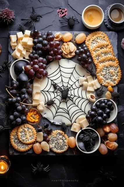 Spooky Halloween charcuterie board with themed snacks and decorations