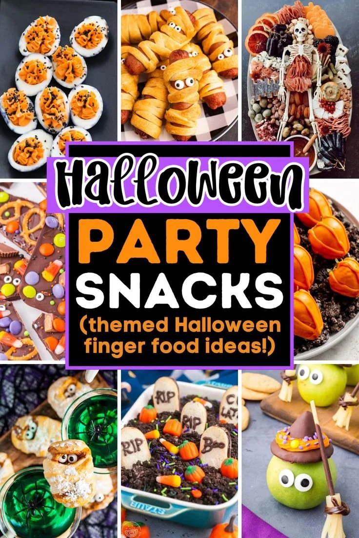 Delicious Halloween party foods and finger foods for a spooky gathering.