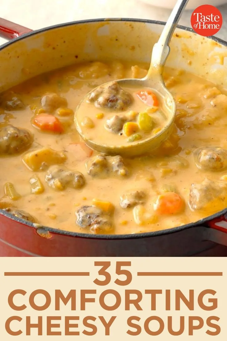 Bowl of comforting cheesy soups topped with fresh herbs.
