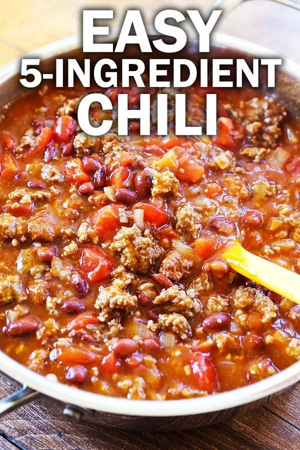 5 ingredient easy chili recipe cooked in a pot with fresh ingredients