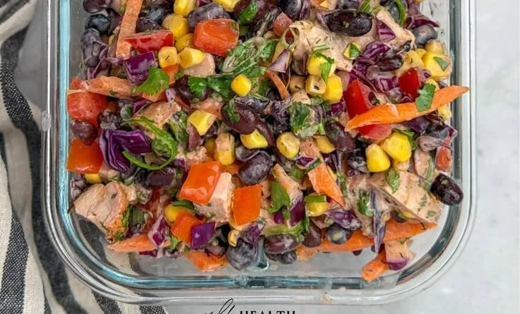 BBQ Chicken Dense Bean Salad with vibrant vegetables and grilled chicken cubes