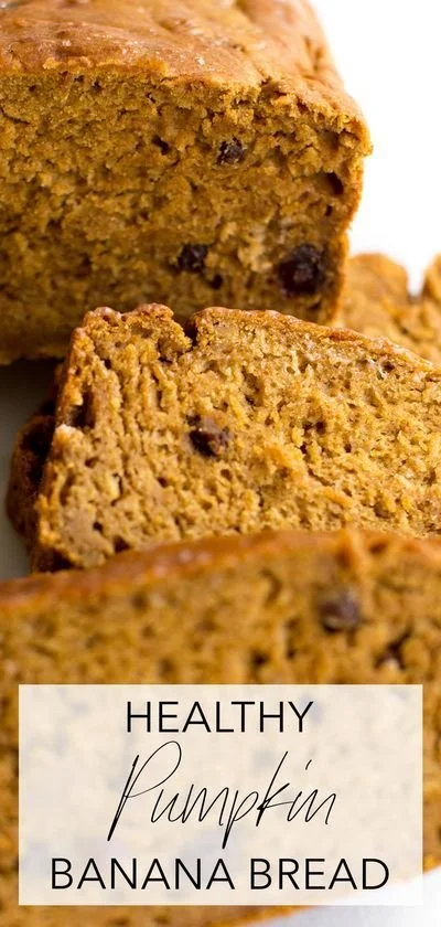 Delicious no added sugar pumpkin banana bread slice on a wooden board