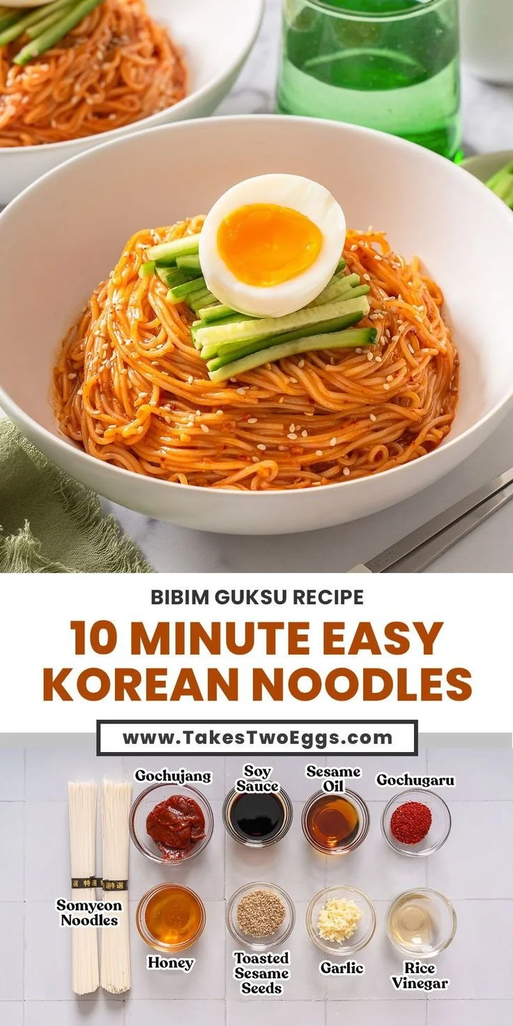 Bowl of Bibim Guksu - Korean spicy cold noodles with vegetables and sauce