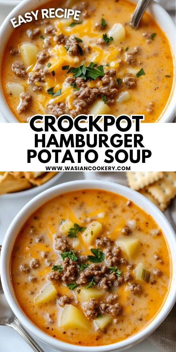 Delicious cheesy crock pot hamburger potato soup served in a bowl