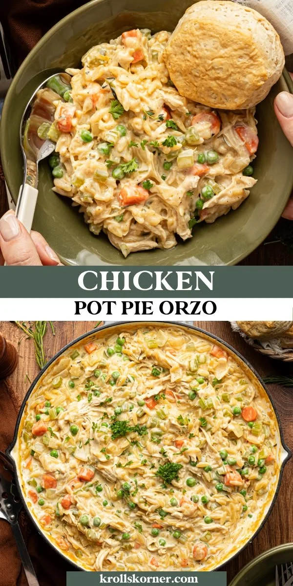 Delicious Chicken Pot Pie Orzo served in a bowl