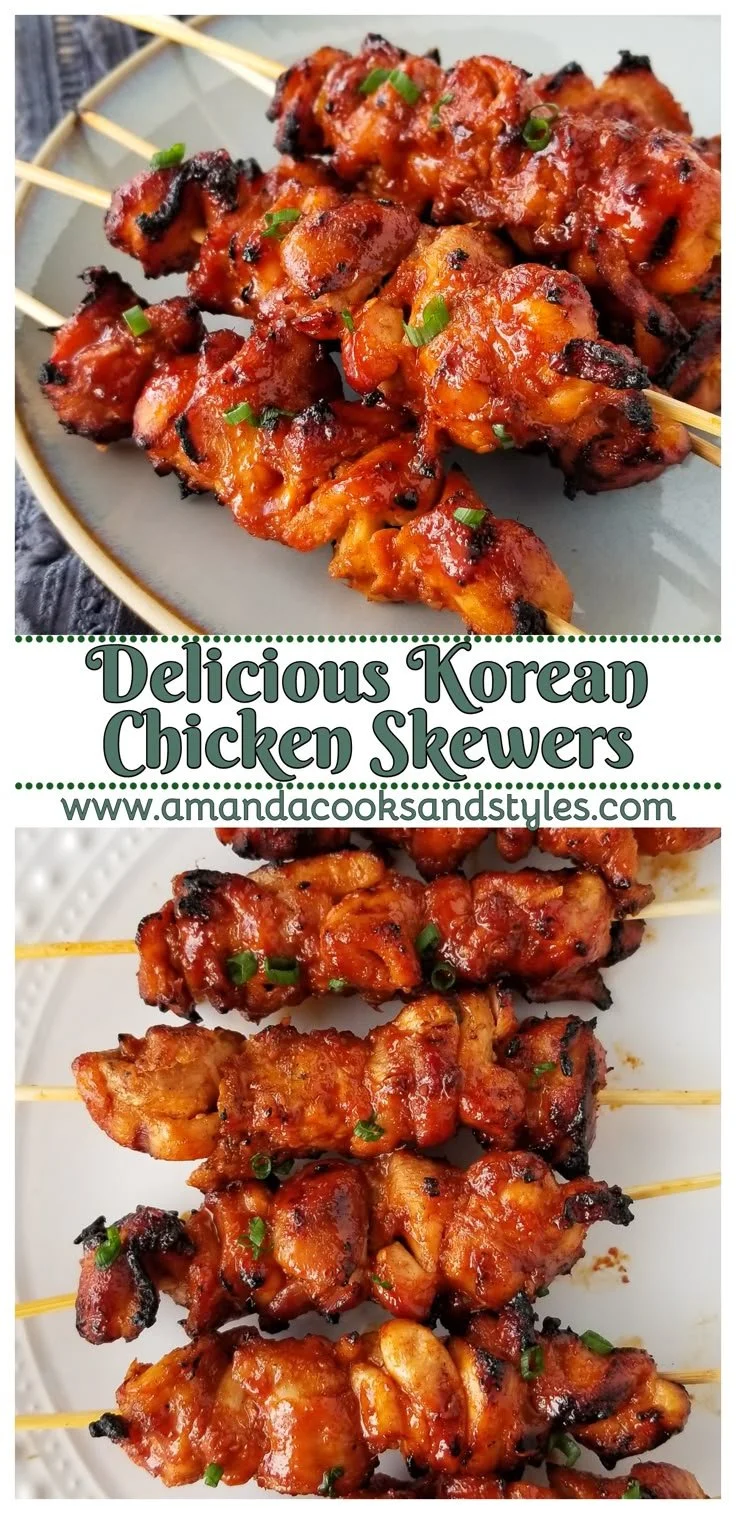 Grilled chicken skewers with Korean BBQ sauce garnished with sesame seeds and green onions