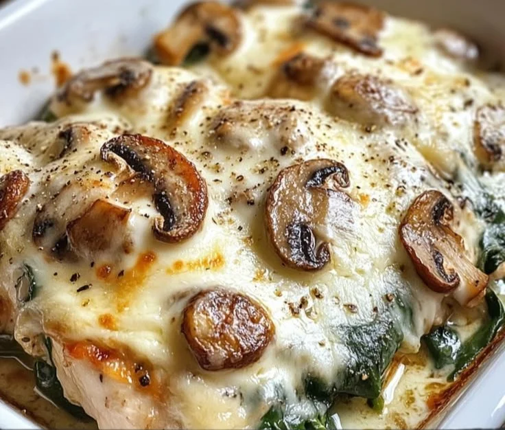 Chicken Spinach and Mushroom Low Carb Casserole served in a baking dish