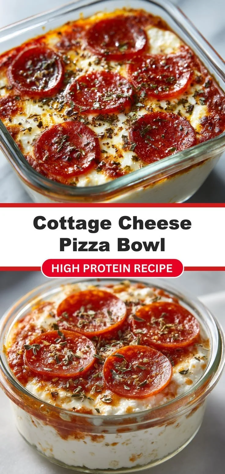 Cottage Cheese Pizza Bowl topped with fresh ingredients and cheese