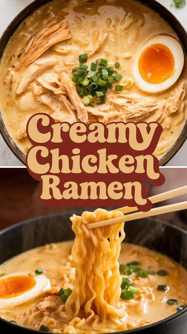 A bowl of creamy chicken ramen soup garnished with green onions and topped with chopsticks.