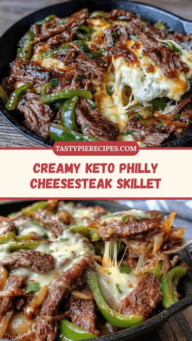 Creamy Keto Philly Cheesesteak Skillet with peppers and cheese in a cast-iron pan