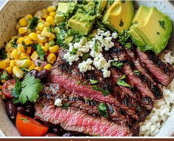 Delicious Cilantro Lime Steak Bowls served with fresh ingredients
