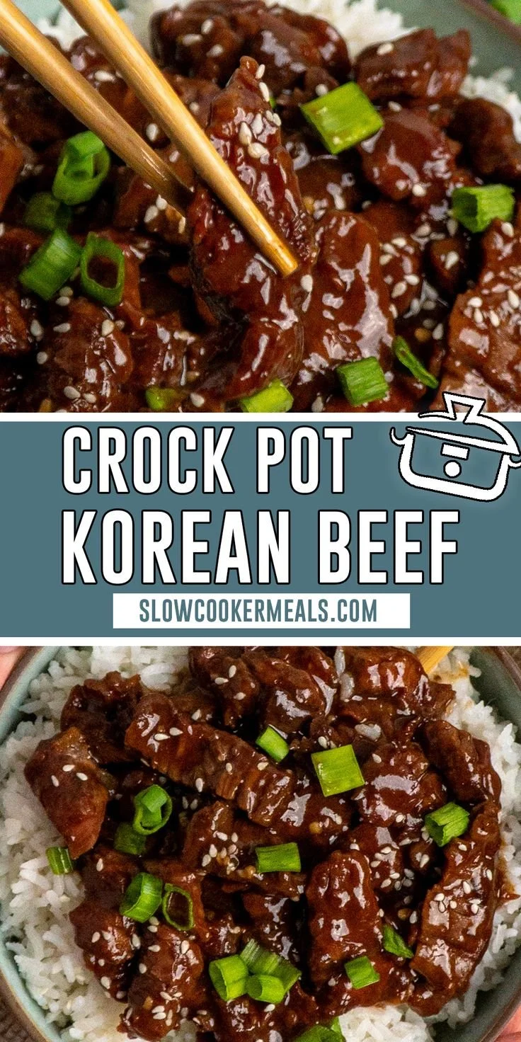 Crock Pot Korean Beef served with rice in a flavorful sauce