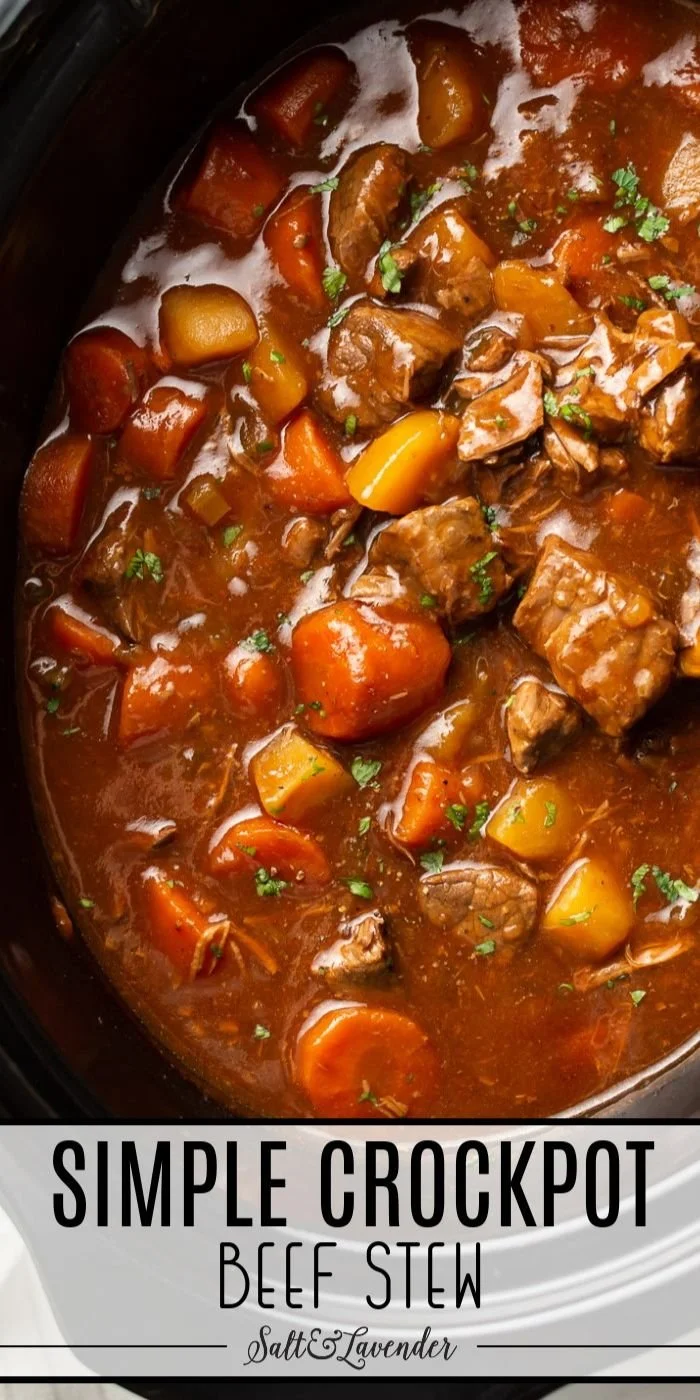 Delicious bowl of Crockpot beef stew with vegetables and herbs.