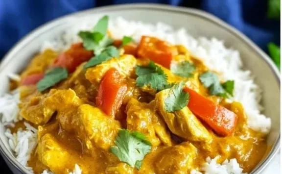 Delicious Crockpot coconut curry chicken in a bowl with vibrant spices.