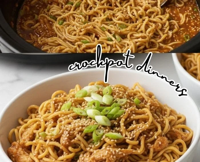 Crockpot Honey Garlic Chicken Noodles dish garnished with green onions