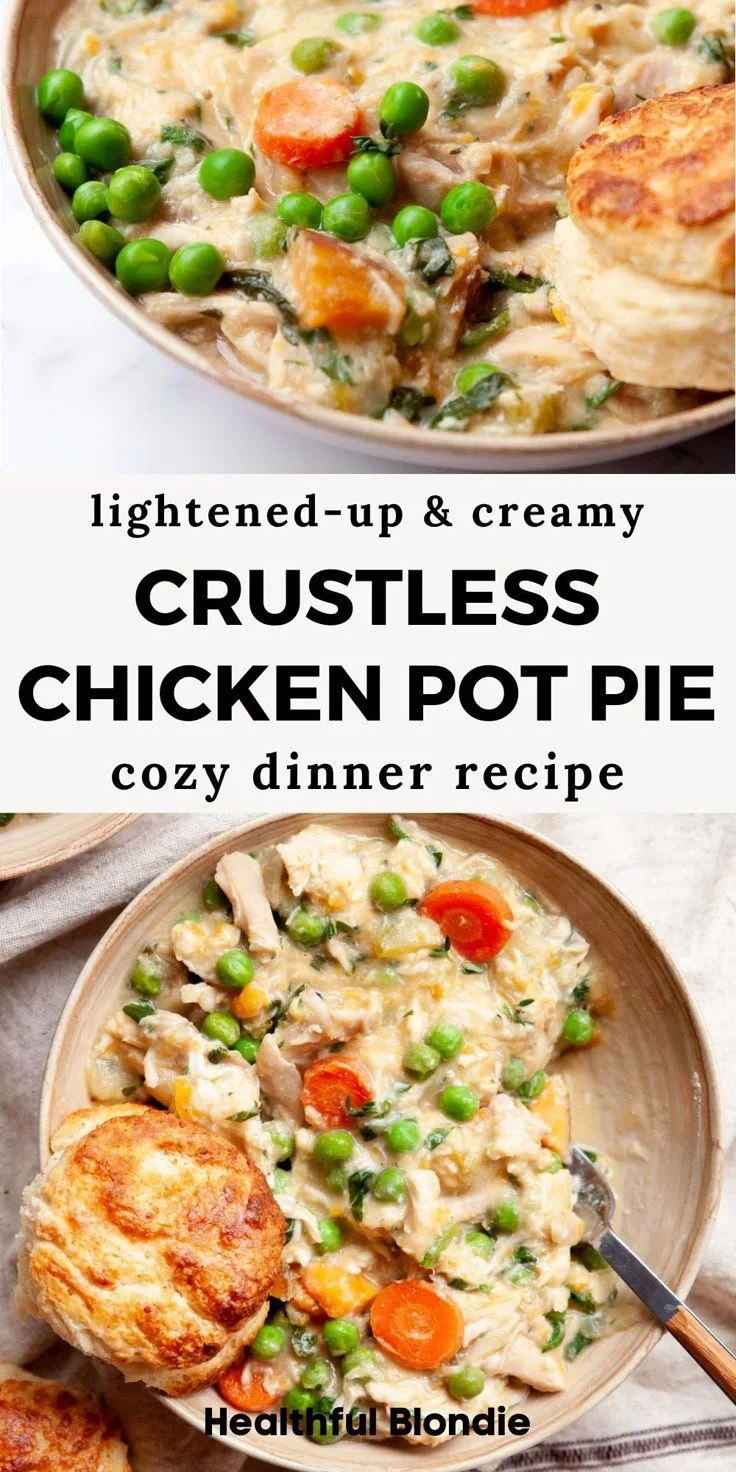 Crustless chicken pot pie served in a rustic bowl with vegetables