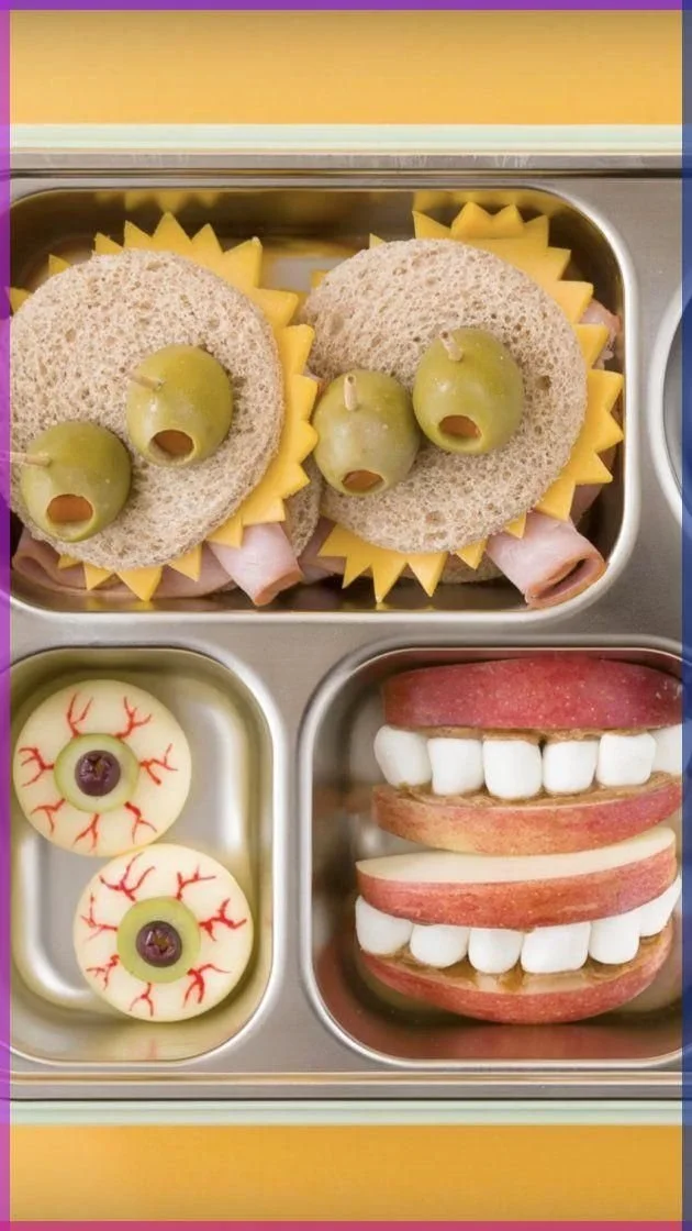 Cute and creepy Halloween Bento Box filled with spooky treats and snacks.