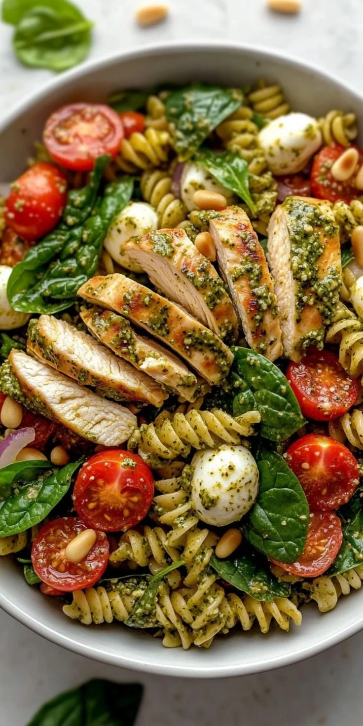 Easy chicken pesto pasta salad served in a bowl with fresh ingredients
