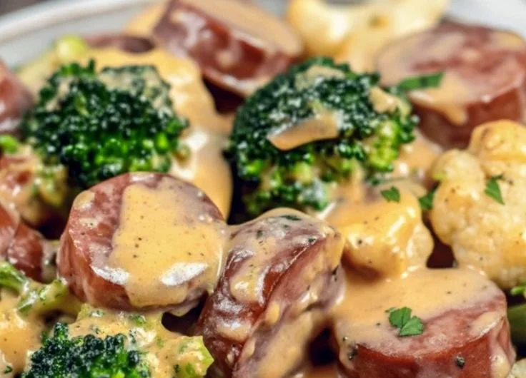 Easy keto broccoli and cauliflower au gratin with sausage - low carb meal