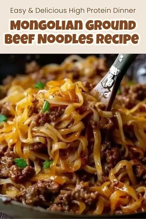 Delicious Mongolian Ground Beef Noodles served in a bowl with fresh vegetables