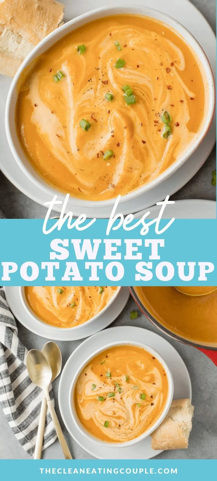 Bowl of easy sweet potato soup topped with herbs and spices