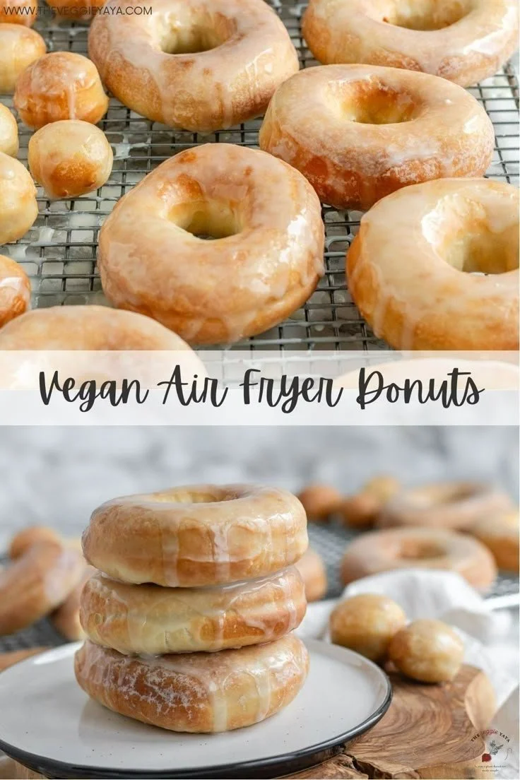 Delicious easy vegan air fryer donuts topped with icing and sprinkles.