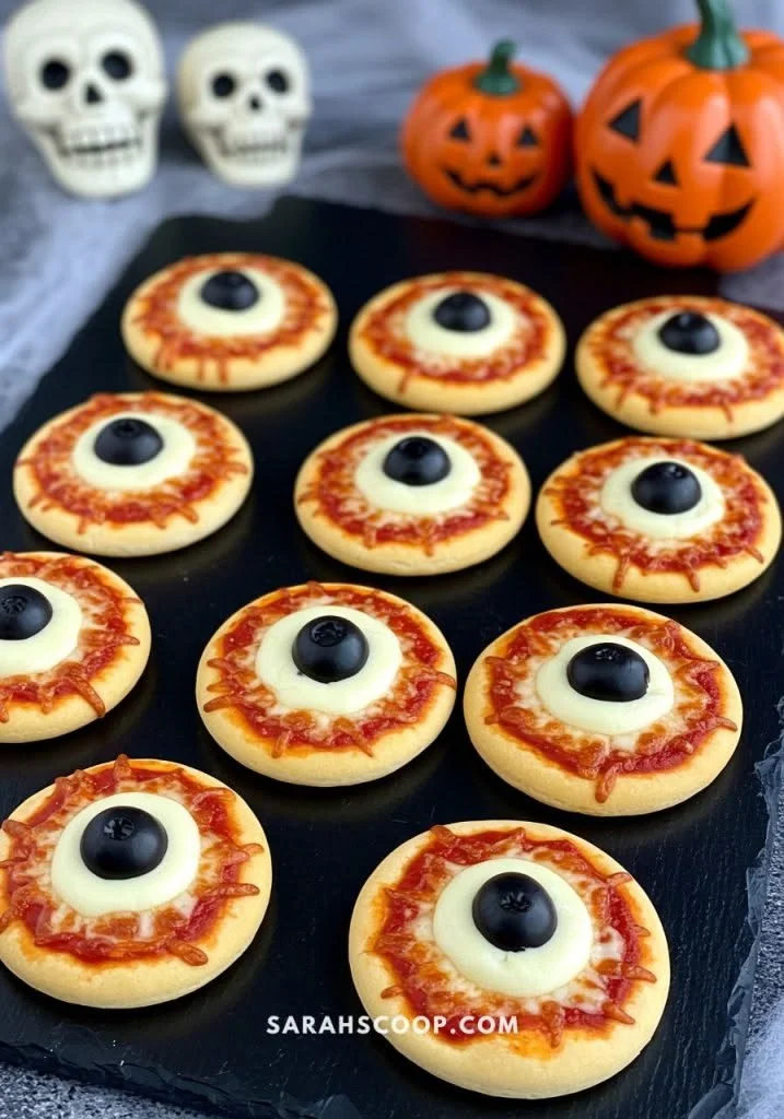 Decorated Eyeball Mini Pizzas for kids, perfect for a fun cooking activity.