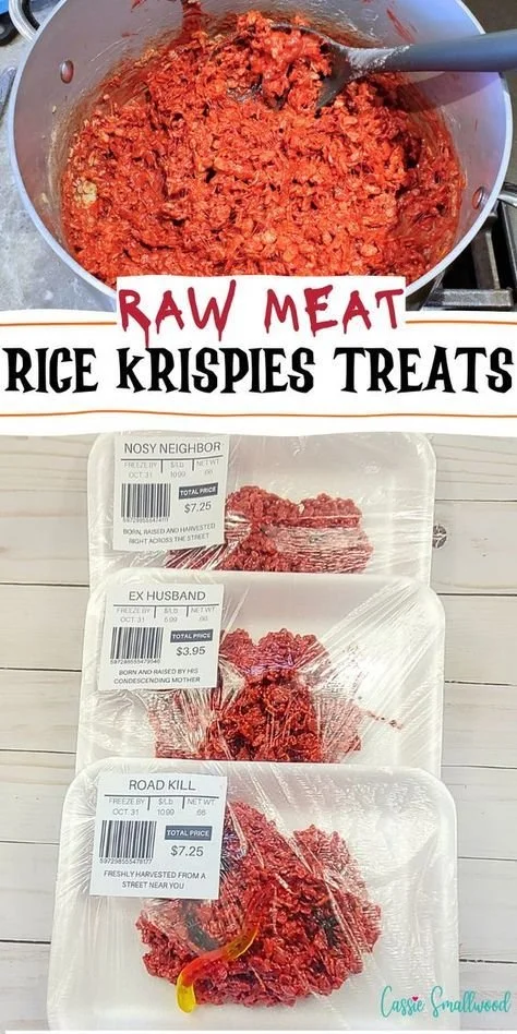 Creepy Halloween Rice Krispie Treats made with fake ground meat for spooky parties