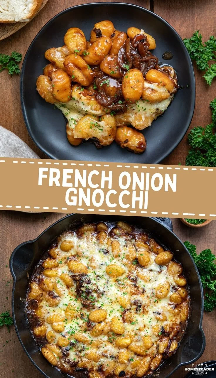 Delicious plate of French Onion Gnocchi topped with melted cheese and herbs.