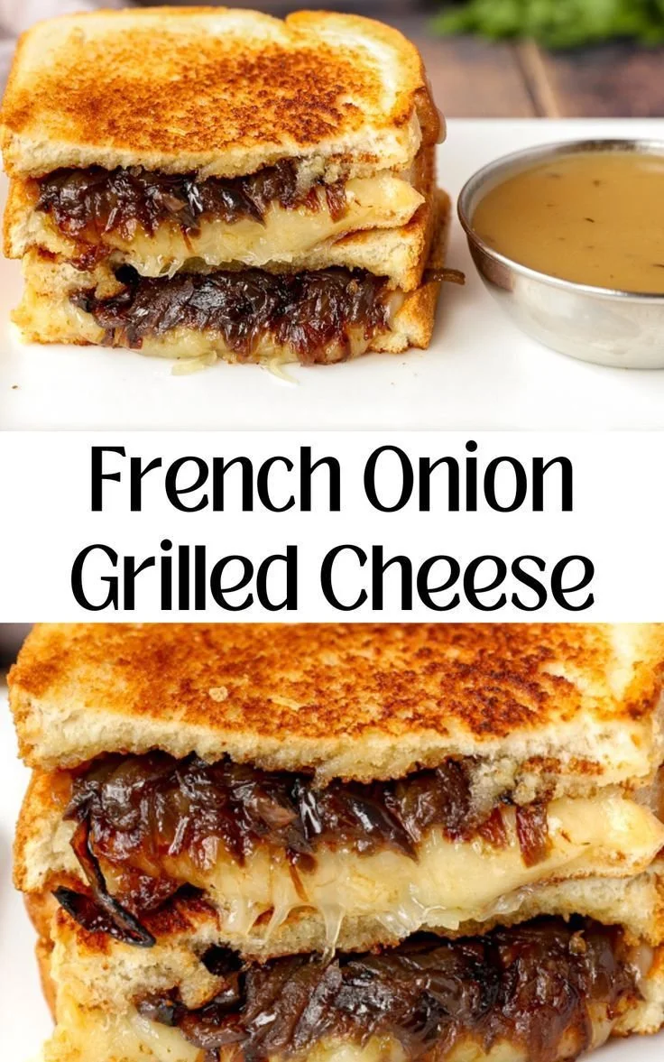 Delicious French Onion Grilled Cheese sandwich with melted cheese and caramelized onions.