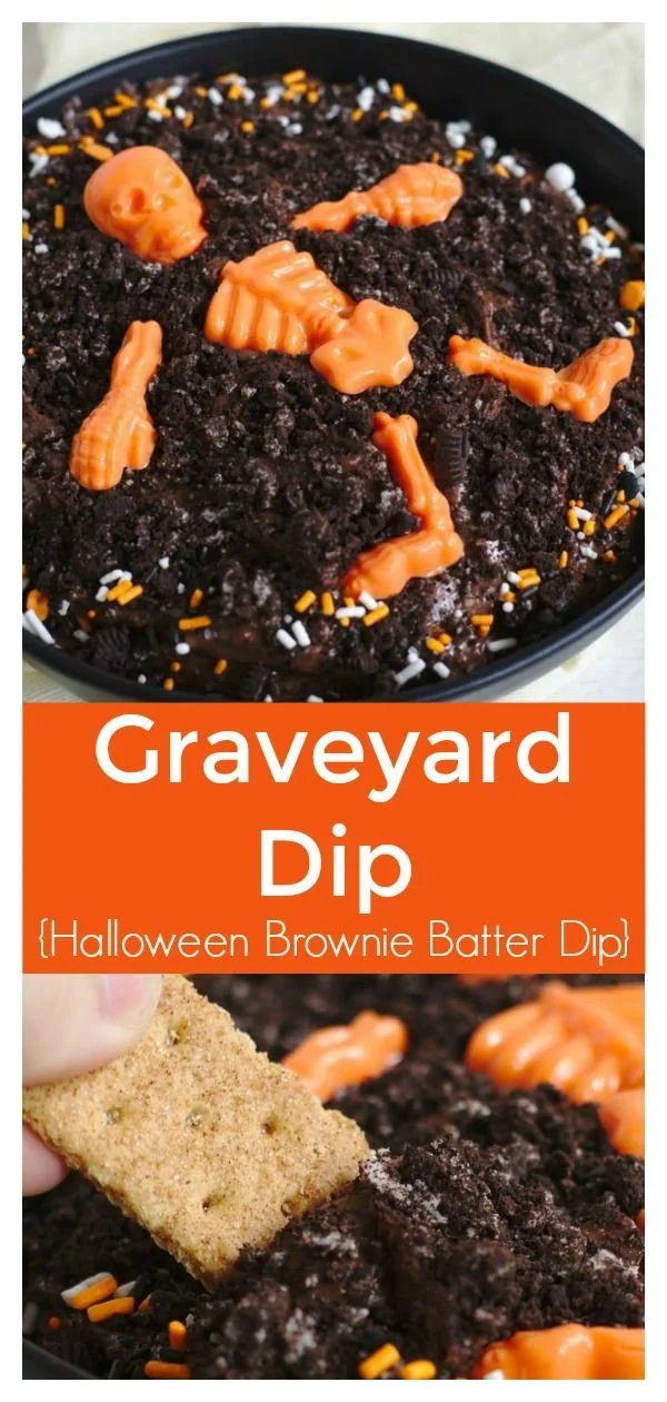 Graveyard Halloween brownie batter dip topped with spooky decorations