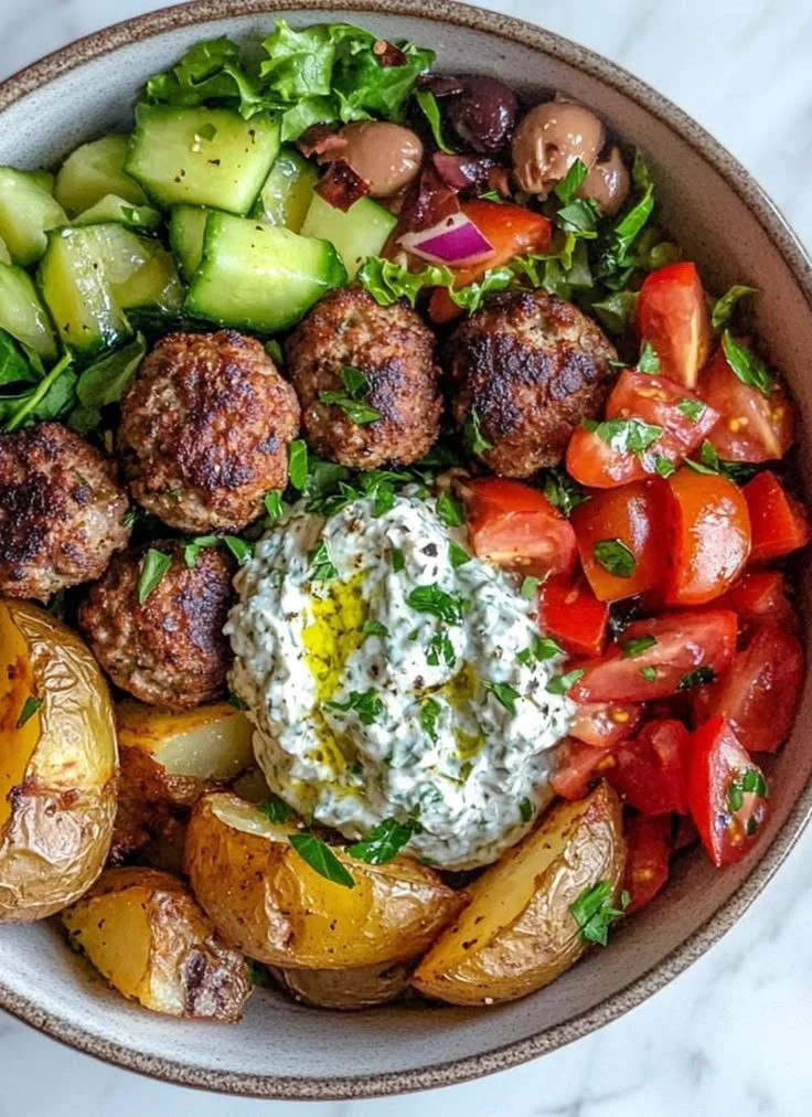 Delicious Greek meatball bowl topped with fresh vegetables and feta cheese