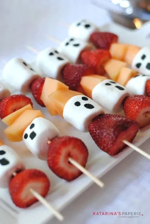 Halloween Ghost Fruit Kabobs made with fresh fruits for a festive treat