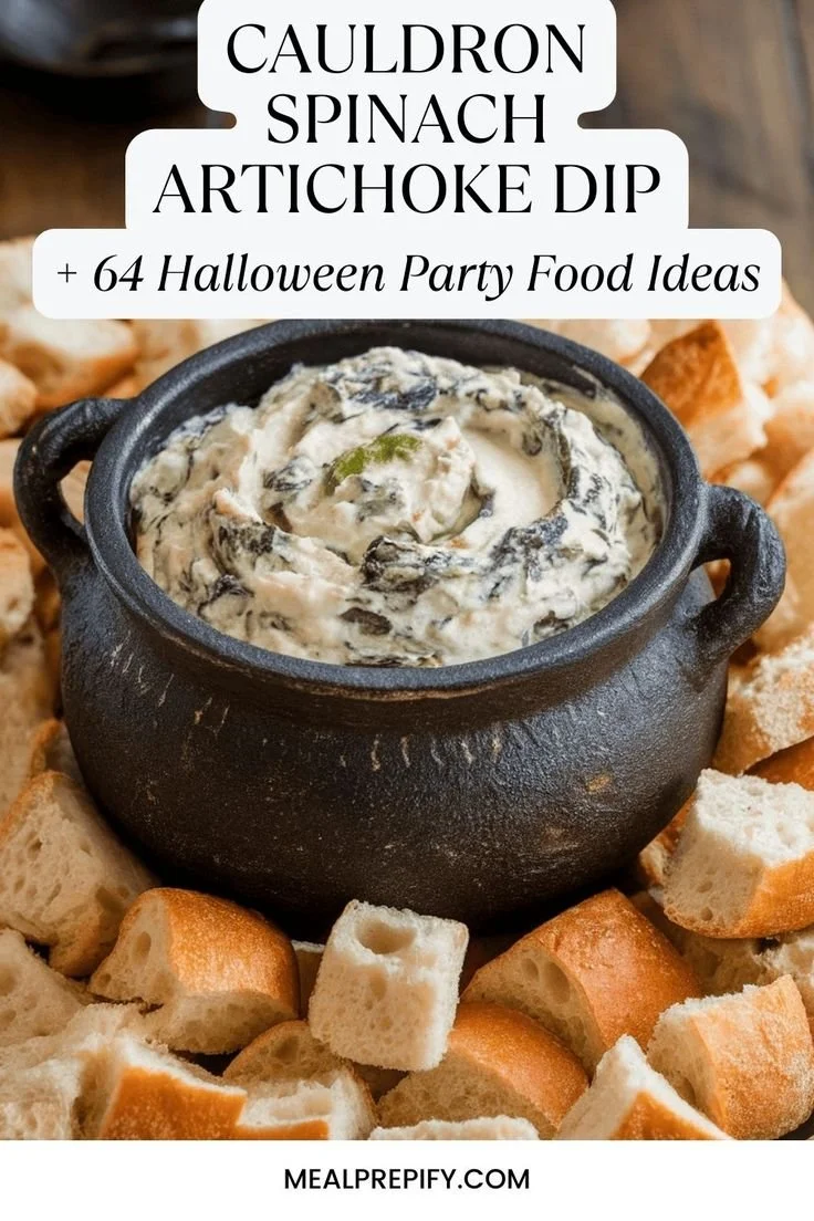 Halloween cauldron filled with spinach artichoke dip, perfect party food