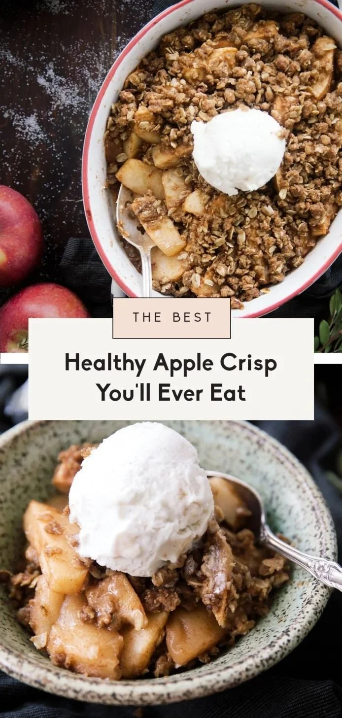Healthy apple crisp topped with oats and pecans, drizzled with maple syrup.