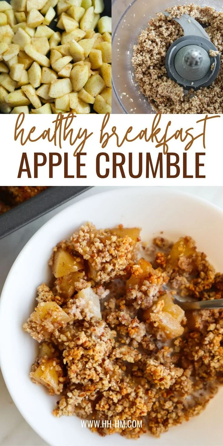 Healthy Breakfast Apple Crumble topped with fresh fruit and nuts in a bowl