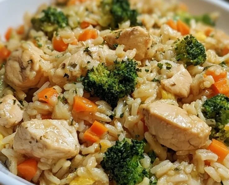 Healthy chicken and rice casserole dish served with fresh herbs.