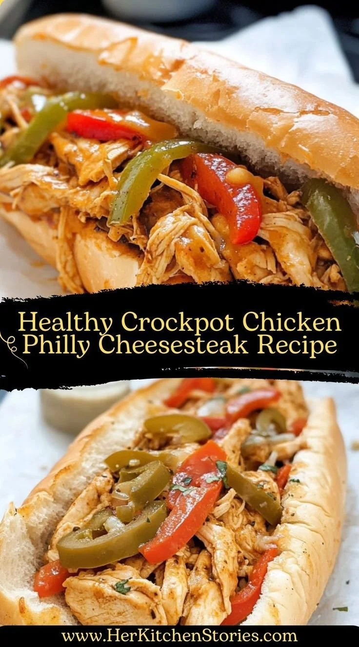 Healthy Crockpot Chicken Philly Cheesesteak served in a slow cooker