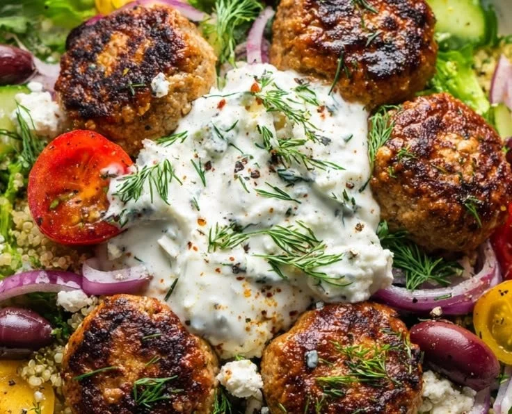 Healthy Greek turkey meatball bowl with fresh vegetables and grains