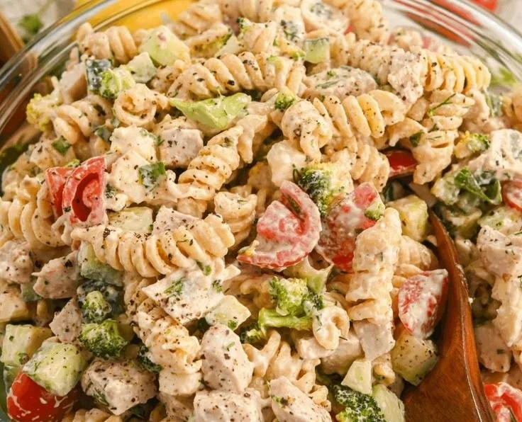 Healthy high protein pasta salad with chicken and vegetables