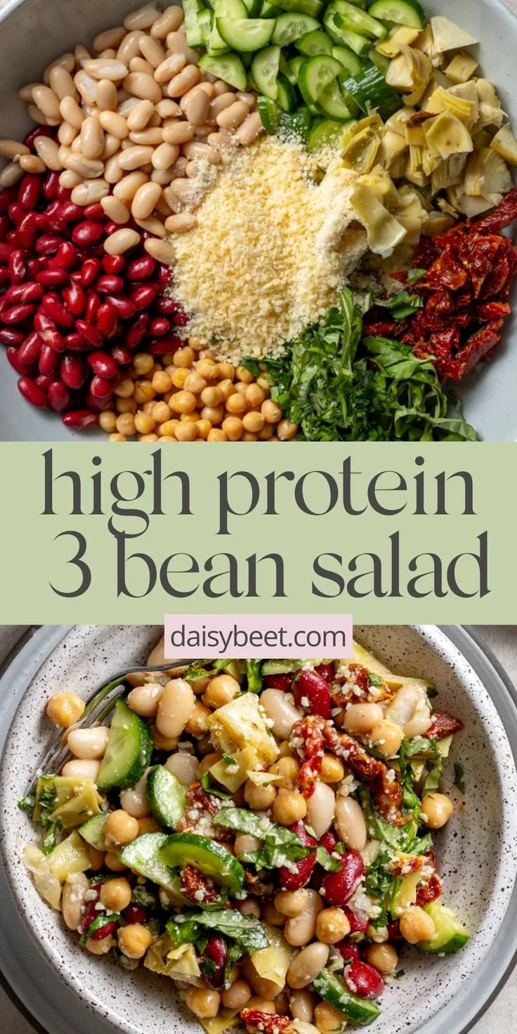 Healthy high protein three bean salad with colorful beans and vegetables