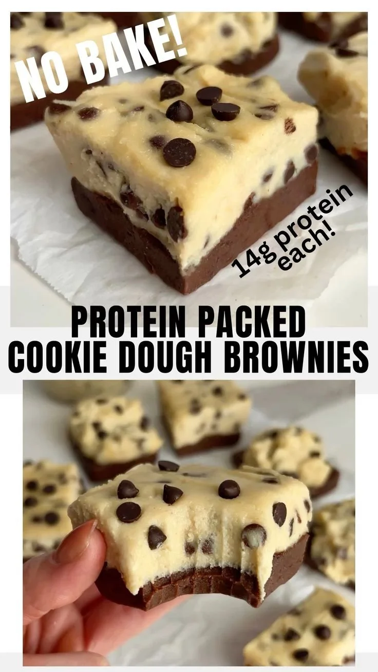 High protein, no bake cookie dough brownies on a plate
