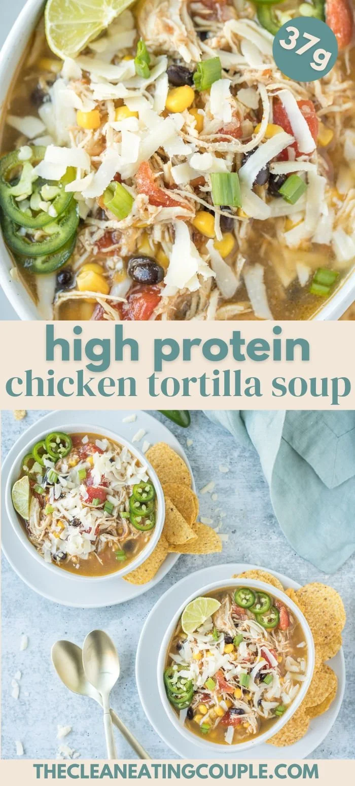 High protein chicken tortilla soup with fresh ingredients in a bowl