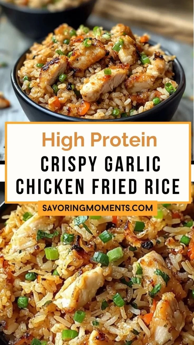 High protein crispy garlic chicken fried rice in a colorful bowl.