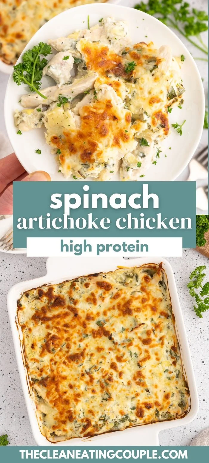 Delicious high protein spinach artichoke chicken dish served on a plate.