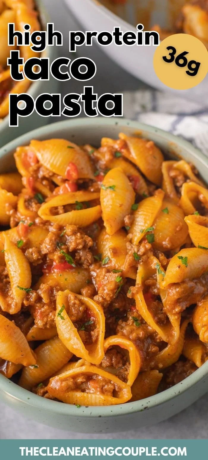 High Protein Taco Pasta dish with 36g protein per serving