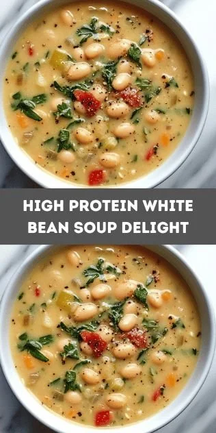 Bowl of high protein white bean soup garnished with herbs and spices