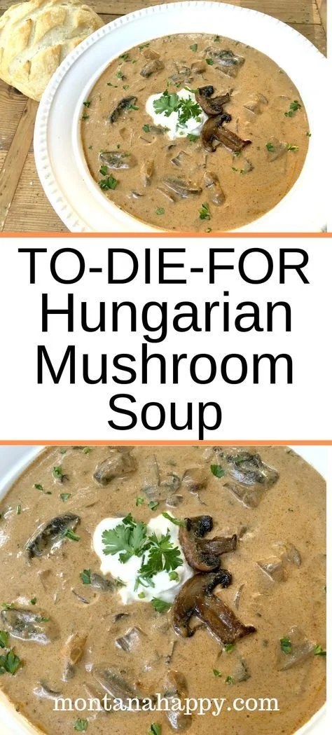 Bowl of Hungarian Mushroom Soup with fresh herbs and seasonings